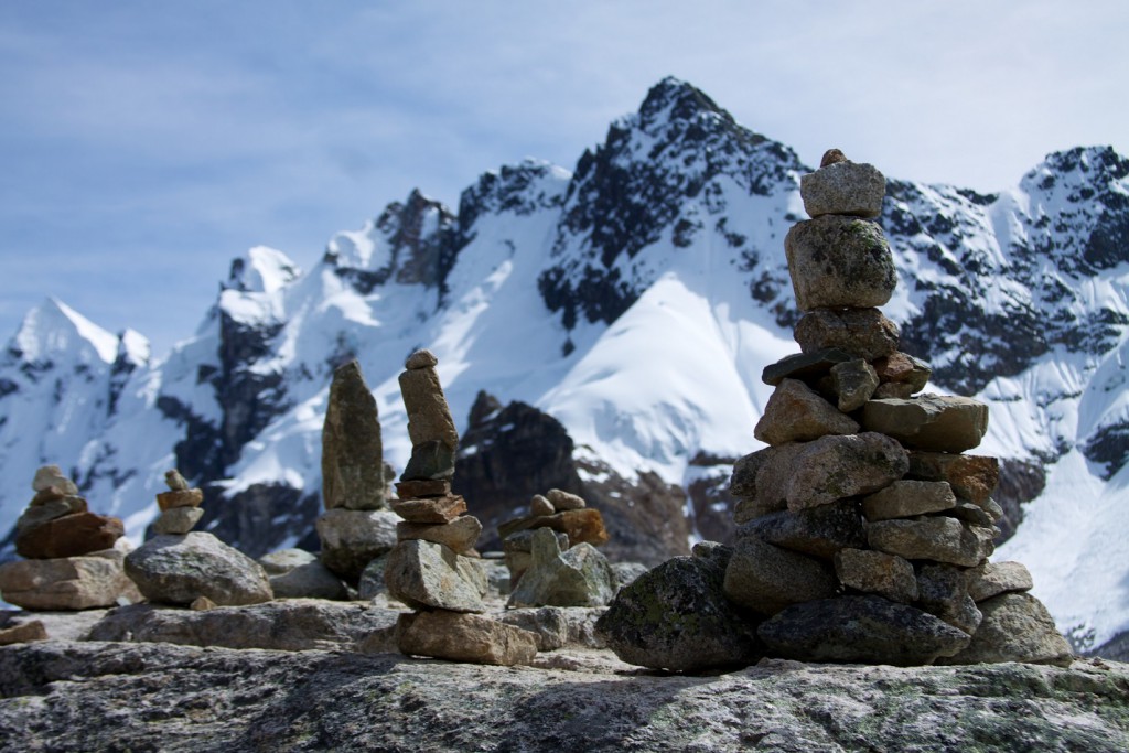 The 4650m pass was dotted with dozens of piled-stone cairns, each passing group adding to the assemblage.