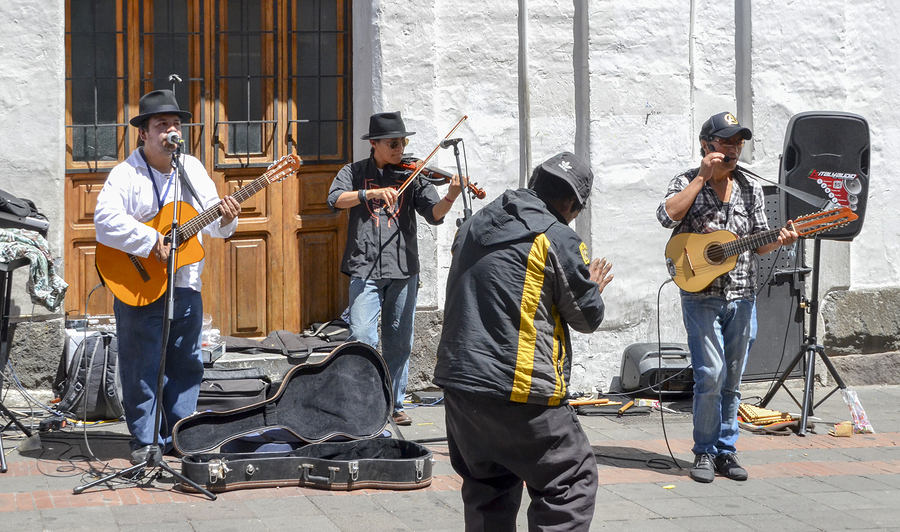 Music street performers in the historic centre of Quito, Ecuador