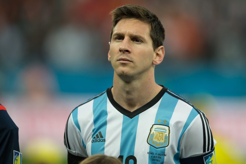 SAO PAULO BRAZIL - July 9 2014: Lionel MESSI during Argentina National Anthem at the 2014 World Cup Semi-finals game between Argentina and Netherlands at Arena Corinthians.