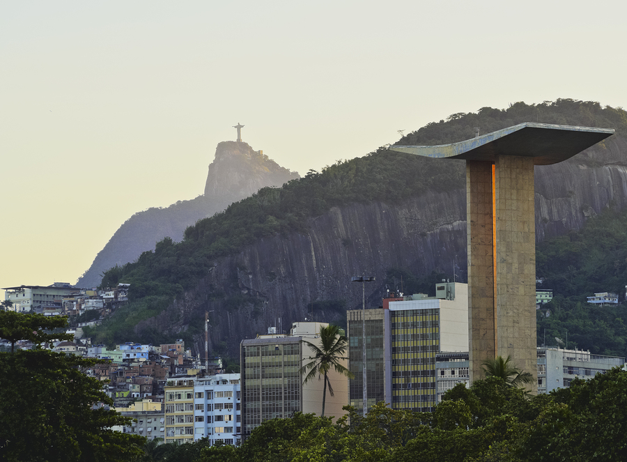 Brazil City of Rio de Janeiro Gloria View of the Monument to the Dead of World War II with Corcovado Mountain and Christ the Redeemer in the background.