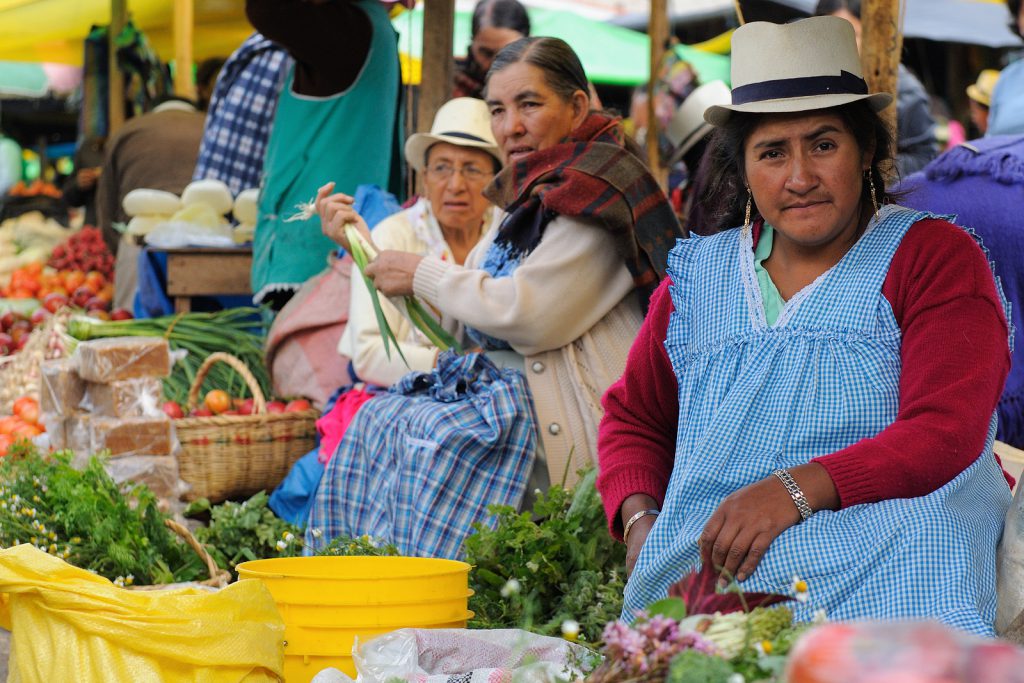 Indigenous Ecuadorian women in national clothes selling agricultural products and other food items on a market in the Gualaceo village