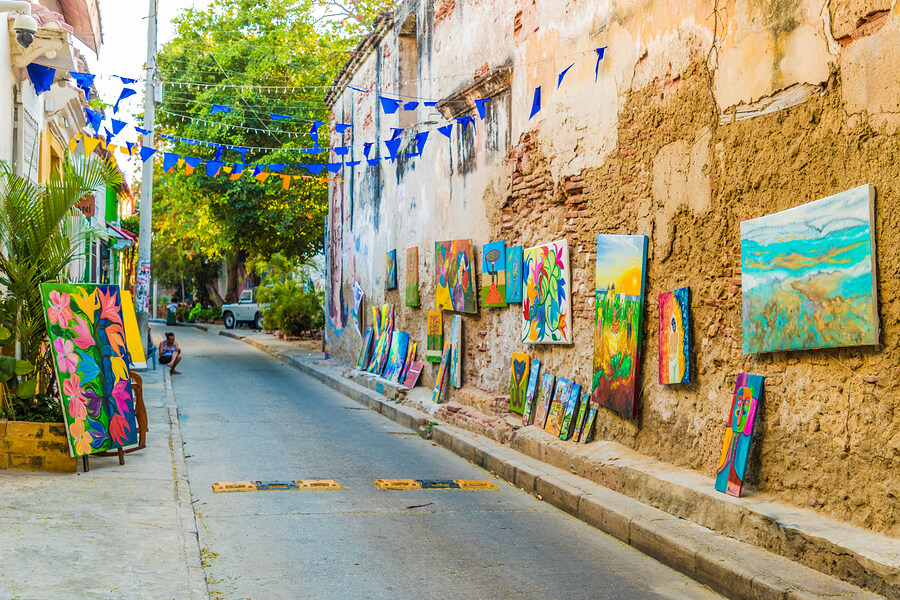 A view of a colorful art gallery in the street in Cartagena in Colombia